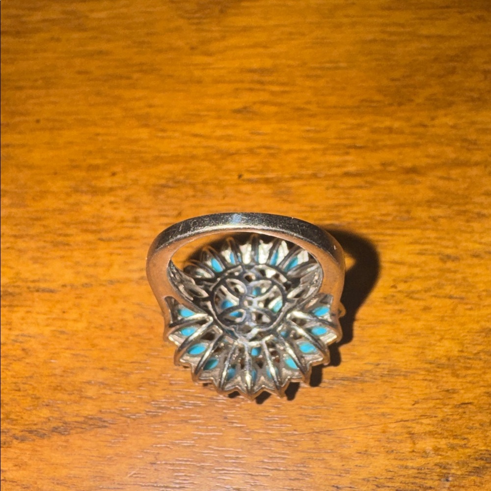 925‎ Sterling Silver Turquoise Garnet Flower Ring Cluster Statement Ring - Picture 9 of 9
